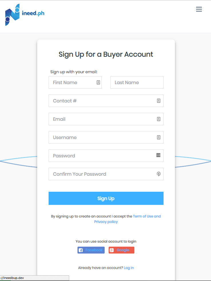 Signup page for the buyer