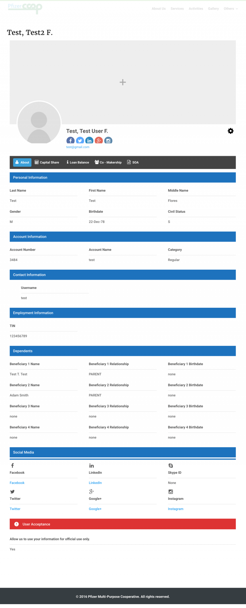 User Profile Page. It shows all of the basic information of the login user.