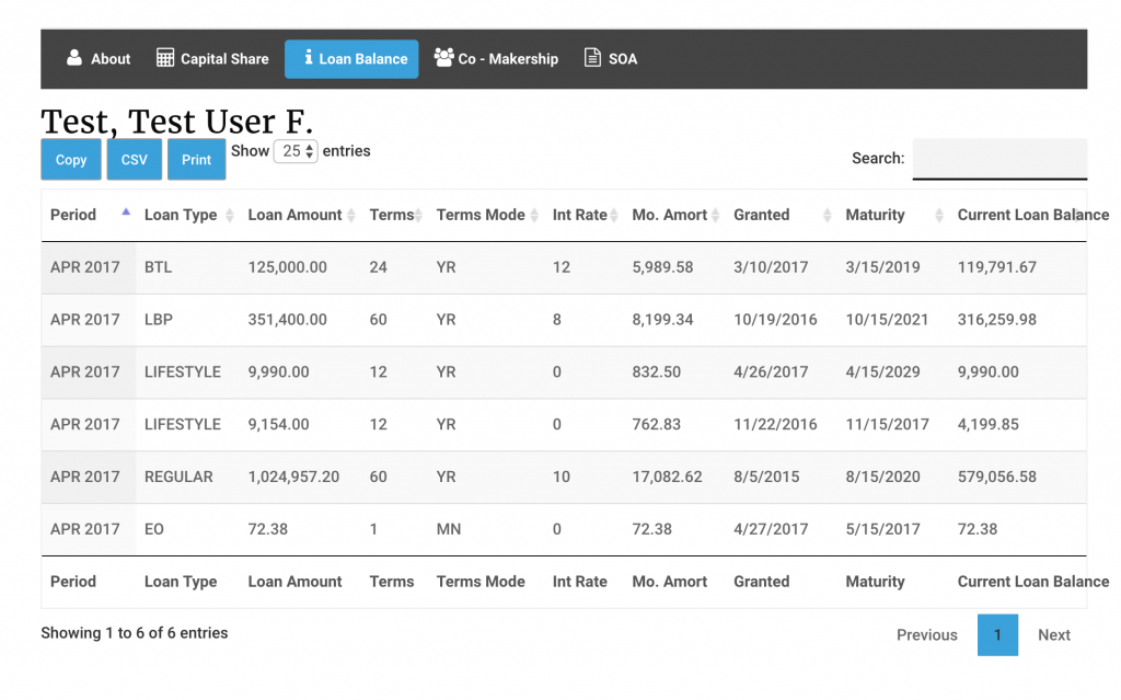 Load Balance Tab. It shows the loan information of user on how much their balance on the system